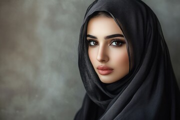 Naklejka premium Beautiful middle eastern woman wearing abaya posing in studio for hijab fashion portraits