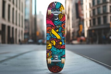 Fototapeta premium Customizable street art skateboard deck mockup standing upright on a vibrant city street, showcasing colorful designs and urban culture