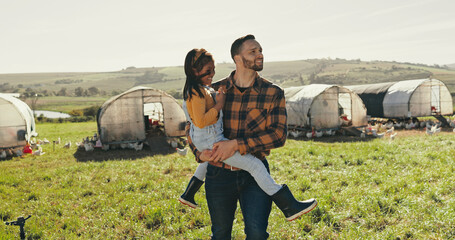 Man, farmer and child with grass field for sustainability, natural produce or live stock of chickens in nature. Male person, kid or little girl with farmland for growth or production in countryside