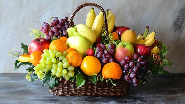 A wicker basket overflowing with a colorful array of fresh fruit