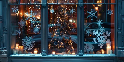 A Festive Window Display with a Frosty Scene of Snowflakes, Twinkling Lights, and a Winter Wonderland Atmosphere, Perfect for the Holiday Season