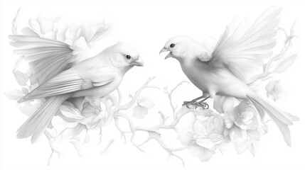 Fototapeta premium Flying birds ink art in white and black tones