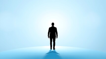 Obraz premium Businessman walking towards success on a blue arrow pathway symbolizing leadership, career growth, ambition, determination, and professional advancement in a modern corporate world