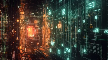 Obraz premium Cyber Security Matrix, a vibrant depiction of locked digital icons amidst a matrix-inspired backdrop, highlighting the critical significance of safeguarding data in a digital age.