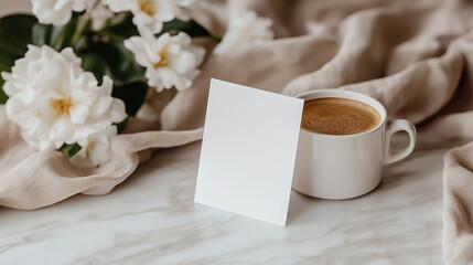 A warm cup of coffee sits on a marble table, featuring beautiful latte art. Next to it, a blank card rests on a brown paper base, with soft flowers in the background