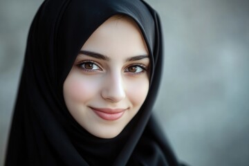 Naklejka premium Smiling Arabian girl in black hijab on light background.
