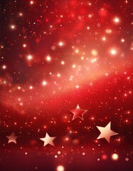 Red christmas glitter background with stars. Festive glowing blurred texture.