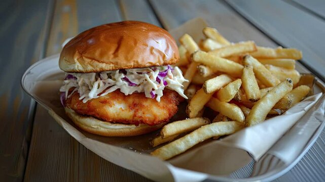 Zooming in on a Delicious Fried Cod Fish Burger with Cole Slaw and French Fries on a Wooden Table