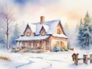 Christmas cottage scene. Watercolor illustration.