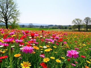A beautiful landscape of vibrant yellow daffodil flowers blooming in a field under a clear blue sky, meadow, rural