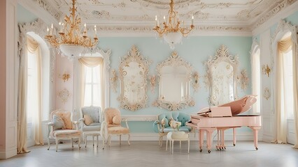  A rococo interior with pastel-colored walls, ornate moldings and a white grand piano in the center of the room
