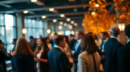 Blurred top-down view of a business networking event with professionals in formal attire engaged in conversation, symbolizing corporate communication, teamwork, and professional connections

