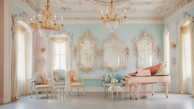  A rococo interior with pastel-colored walls, ornate moldings and a white grand piano in the center of the room