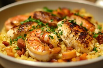 Paella with Arborio rice in white wine featuring marinated chicken king prawns and chorizo