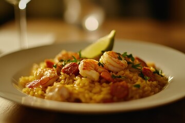 Paella with Arborio rice white wine marinated chicken king prawn and chorizo