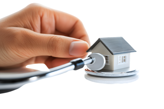 A hand using a stethoscope on a miniature house isolated on a white background, png transparent, symbolizing real estate health assessment.