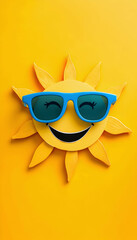 a smiling yellow sun with blue sunglasses set against a bright yellow background  -