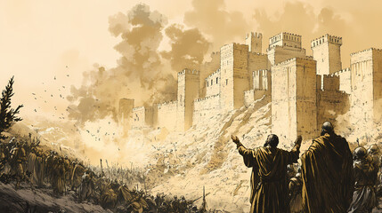 Obraz premium Biblical illustration of king jehoash capturing amaziah in chronicles, bringing him to jerusalem and partially destroying the city walls, beige background. Chronicle. Illustration
