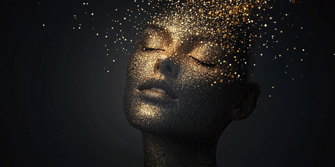 An artistic portrait of a woman with golden glitter cascading across her face, creating a mesmerizing blend of light, texture, and elegance on a dark background.