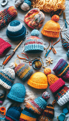 a variety of colorful knitted hats arranged creatively on a table with scattered knitting supplies  -