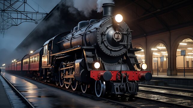 Vintage steam locomotive at a railway station in the evening.