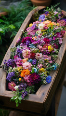 a wooden coffin adorned with vibrant flowers in a poignant farewell ceremony  -