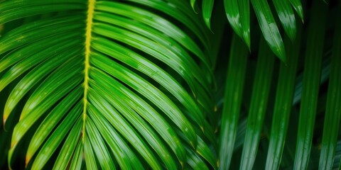 Close up of a natural tropical green palm leaf texture, green leaf, vibrant