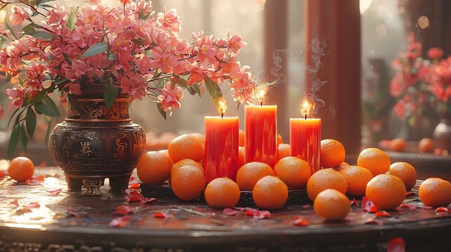 Small shrine dedicated to ancestors filled with offerings like oranges incense and red candles for the New Year celebration