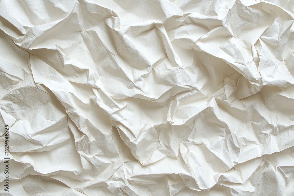 Poster crumpled white paper texture with intricate folds and shadows, creating organic patterns and depth. 