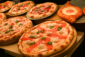 Delicious pizza with salmon and ham on the cafe window