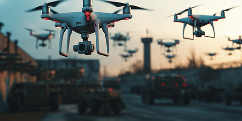 A swarm of drones transmitting encrypted signals within a secure military base demonstrating advanced technology and surveillance capabilities set against a backdrop of watchtowers