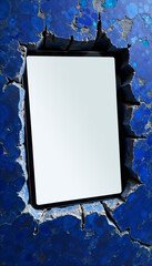 White screen Digital tablet mockup on a blue marble wall, copyspace mobile device 