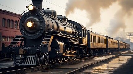 Obraz premium Vintage steam locomotive with passenger cars, releasing steam.