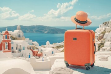 Summer theme with orange luggage and Oia town view.