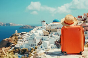 Obraz premium Summer theme with orange luggage and Oia town view.