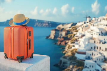 Summer theme with orange luggage and Oia town view.