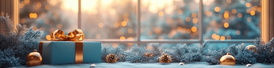 Christmas Tree, Ornaments, Presents, Soft Lights, Natural Light, Cozy Room Interior, Decorative Element, Holiday Cheer, Indoor Scene, Commercial Use