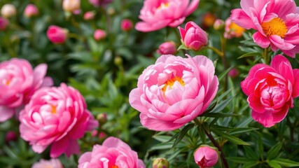 Fototapeta premium Pink peony flowers in full bloom creating a beautiful background, pink, plant, blooming