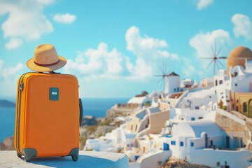 Obraz premium Orange luggage and hat in Oia Santorini Greece. Greek landscape.