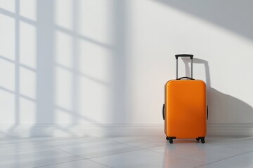 Travel concept with Orange suitcase standing in white wall room. tourism and travelling image