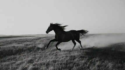 A horse galloping through a grassy landscape.