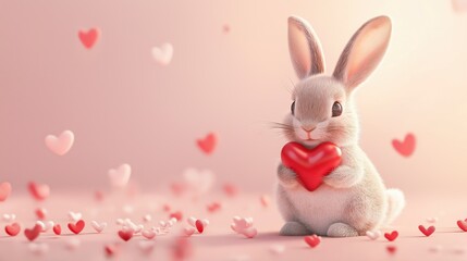 Small bunny holding a red heart surrounded by pastel hearts in a soft, lovely setting
