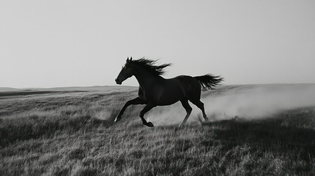 Fototapeta A horse galloping through a grassy landscape.