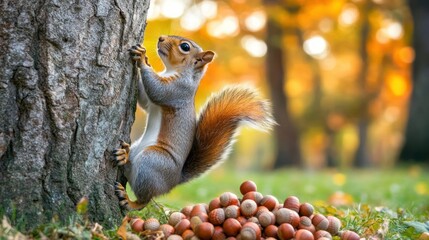 Obraz premium Squirrel climbing a tree with gathered nuts.