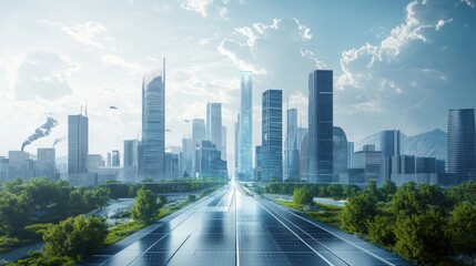 Obraz premium Futuristic Smart City Vision, a technologically advanced urban landscape showcasing renewable energy, efficient transport systems, and integrated infrastructures for sustainable living