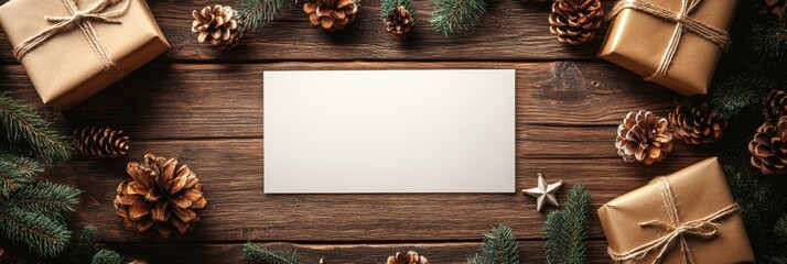 Christmas Card banner, White Rectangular Card with Red String, Four Small Gift Boxes, Wooden Table Background, for Seasonal Greetings