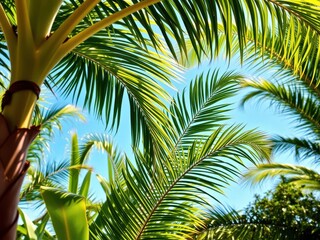 Obraz premium Tropical palm leaves in vibrant green hues against a clear blue sky, perfect for summer-themed designs, serene, relaxation