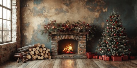 Christmas banner, Vintage Warmth in Brick Fireplace Alcove, Decorated for Holiday Celebration