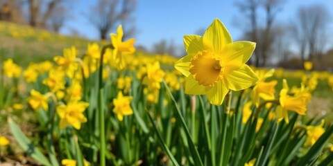 Fototapeta premium Vibrant daffodil flowers blooming across a vast field under the bright sun, vibrant, sunny