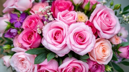 Vibrant bouquet of pink peonies and roses on white background with space for text, petals, nature